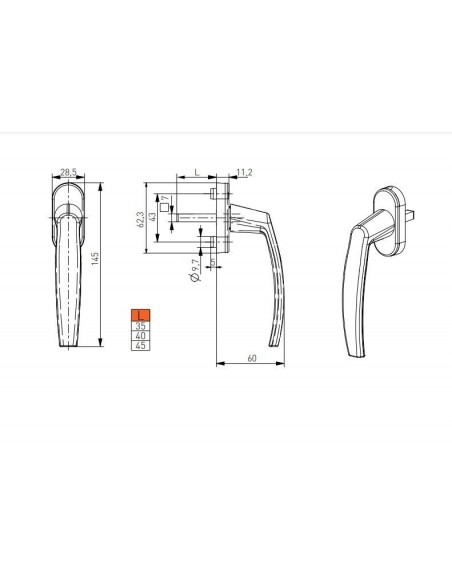 Trend handle for doors and plastic windows, aluminum and wooden